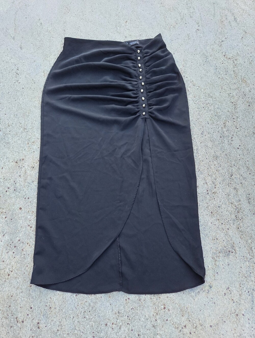 Zara Black Ruched Studded Midi Skirt Size M